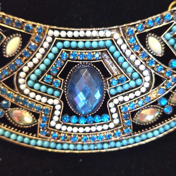 Egyptian Pharoah Bib Necklace Blue Stones Beads Gold Tone Rope Chain Statement - Picture 3 of 9